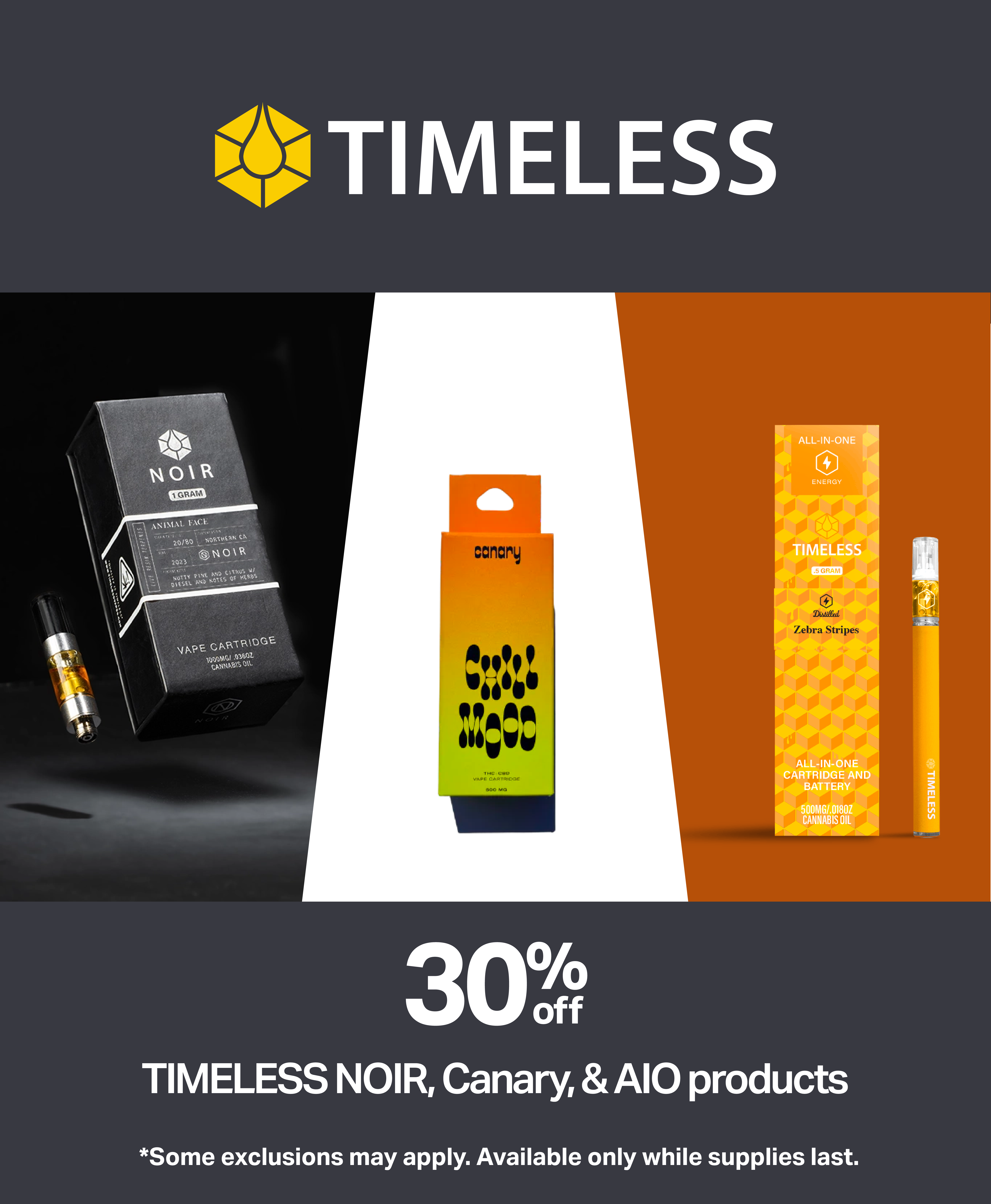 Timeless, Timeless Noir, Canary and Timeless All In Ones 30% off
