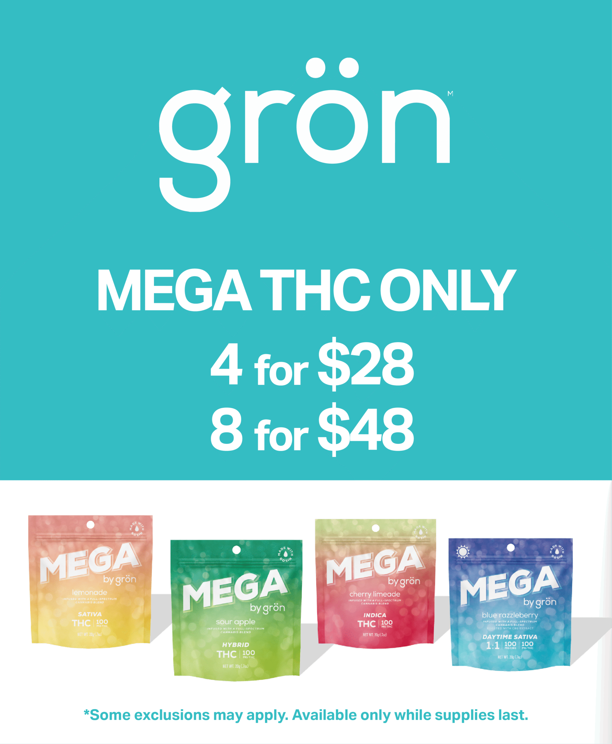 Gron MEGA THC, 4 for $28 or 8 for $48